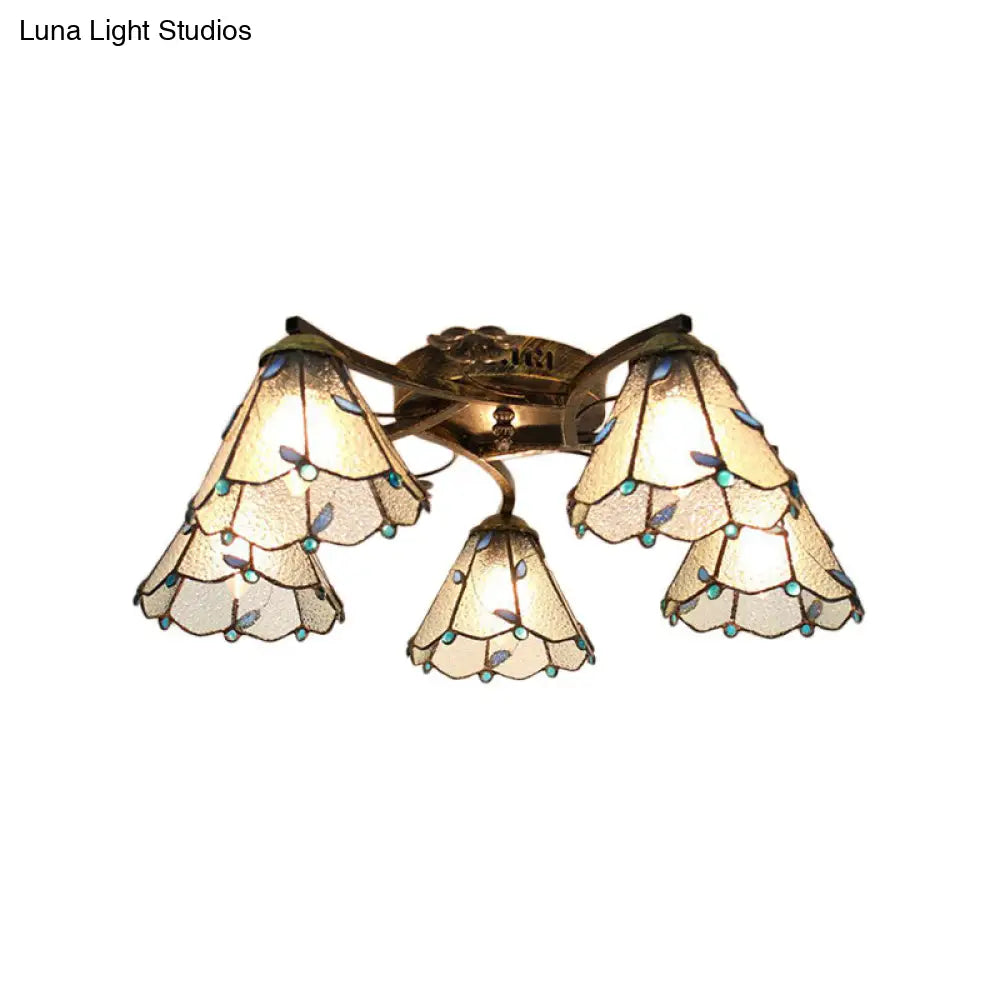 Lodge Style Clear/Blue/Beige Stained Glass Semi Flush Mount Light With Cone Shade - 5 Lights For