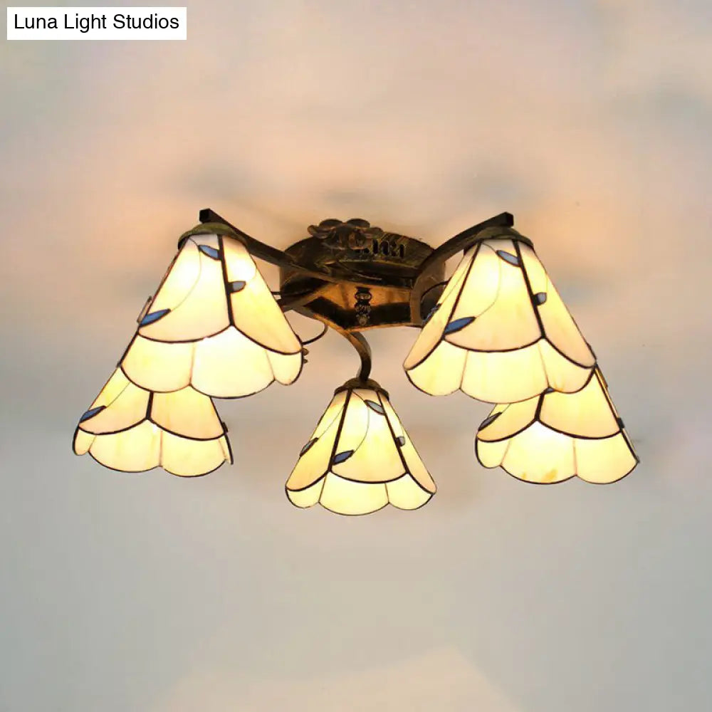 Lodge Style Clear/Blue/Beige Stained Glass Semi Flush Mount Light With Cone Shade - 5 Lights For