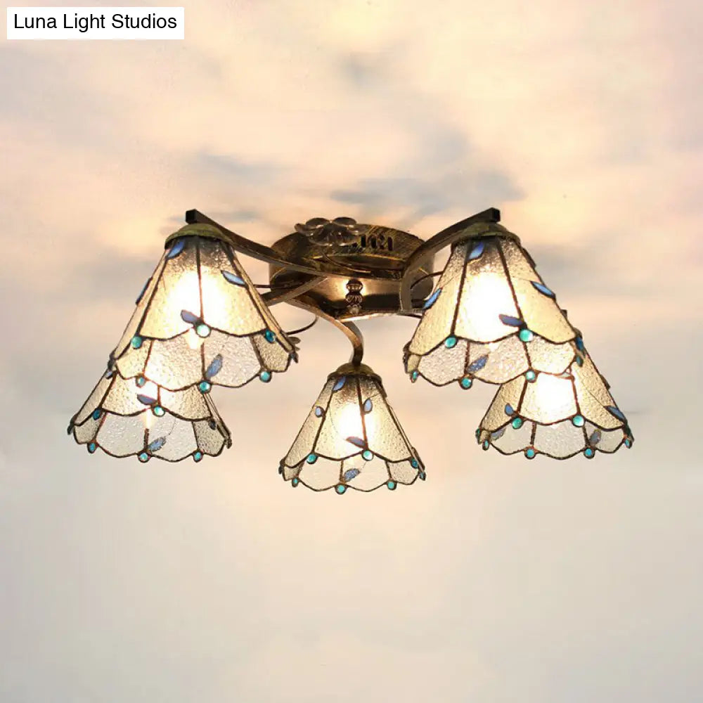 Lodge Style Clear/Blue/Beige Stained Glass Semi Flush Mount Light With Cone Shade - 5 Lights For