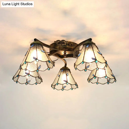 Lodge Style Clear/Blue/Beige Stained Glass Semi Flush Mount Light With Cone Shade - 5 Lights For