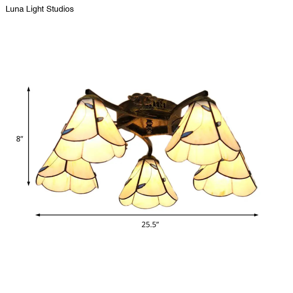 Lodge Semi Flushmount With Stained Glass Cone Shade - 5 Clear/Blue/Beige Lights For Stairway