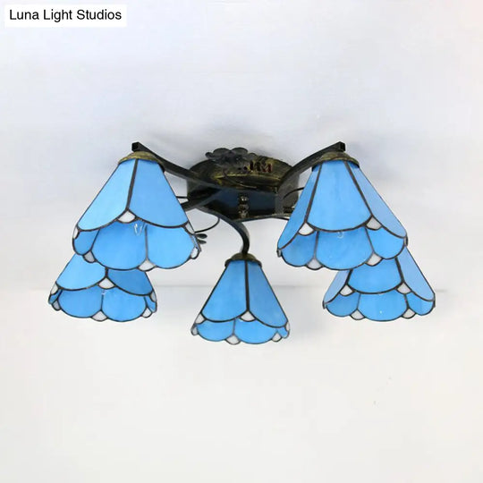 Lodge Style Clear/Blue/Beige Stained Glass Semi Flush Mount Light With Cone Shade - 5 Lights For