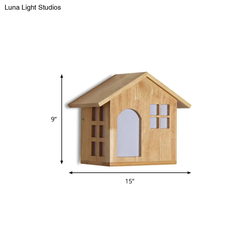 Lodge Shaped Wood Beige Wall Sconce Light For Kids Restaurant & Bedroom