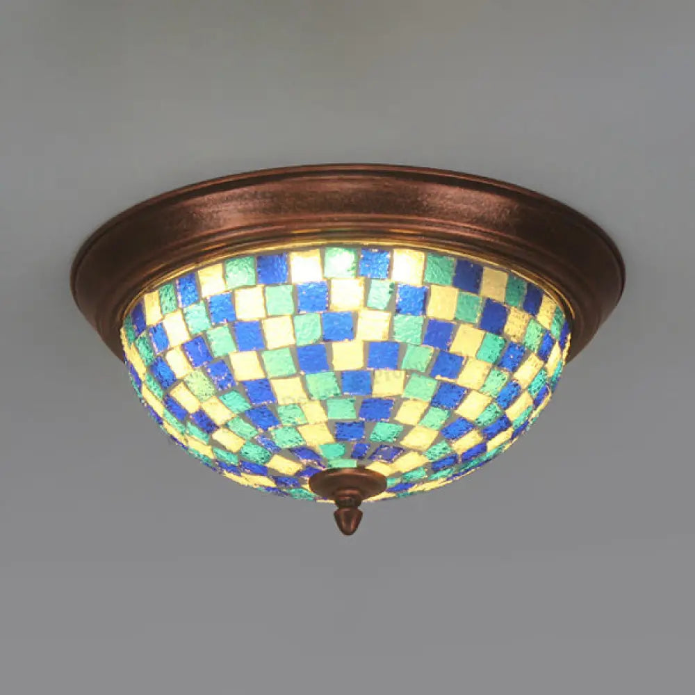 Lodge Stained Glass Bowl Ceiling Light Fixture - 1 Bulb Flushmount In Blue & White