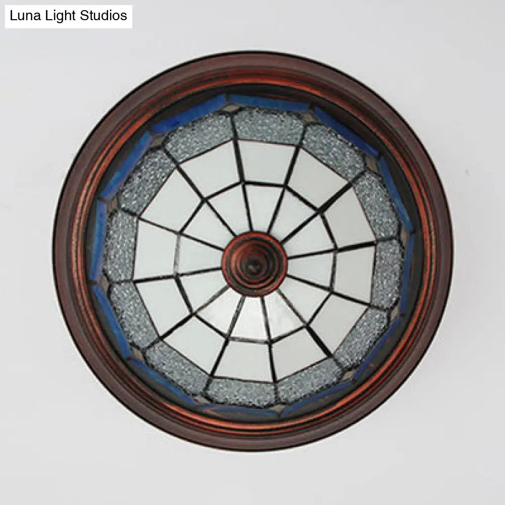 Lodge Stained Glass Bowl Ceiling Light Fixture - 1 Bulb Flushmount In Blue & White