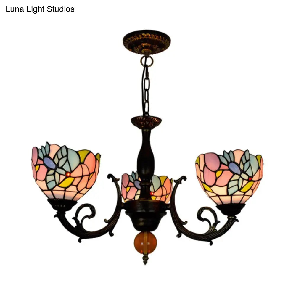 Lodge Stained Glass Chandelier - Flower Pattern 3-Light Inverted Fixture Ideal For Dining Room