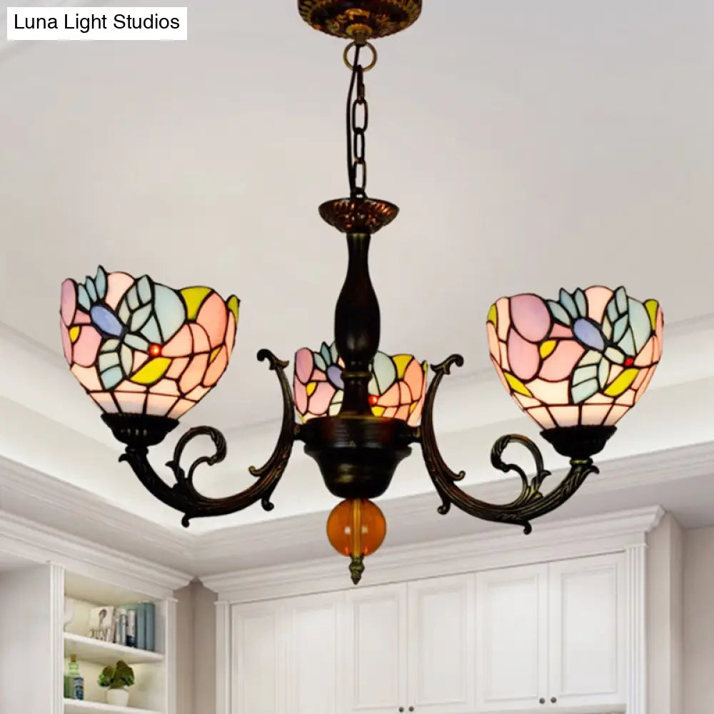 Lodge Stained Glass Chandelier - 3-Light Inverted Fixture With Flower Pattern For Dining Room