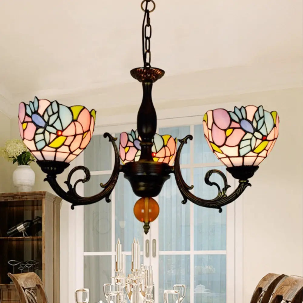 Lodge Stained Glass Chandelier - 3-Light Inverted Fixture With Flower Pattern For Dining Room Blue