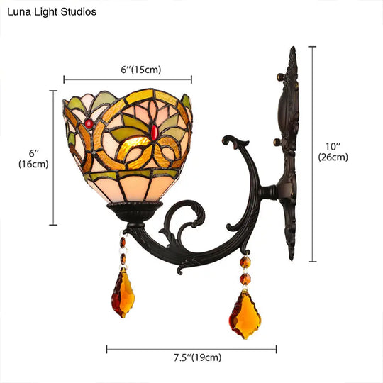 Lodge Stained Glass Wall Sconce Lighting Fixture With Crystal 1-Light