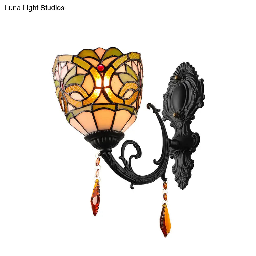 Lodge Stained Glass Wall Sconce Lighting Fixture With Crystal 1-Light