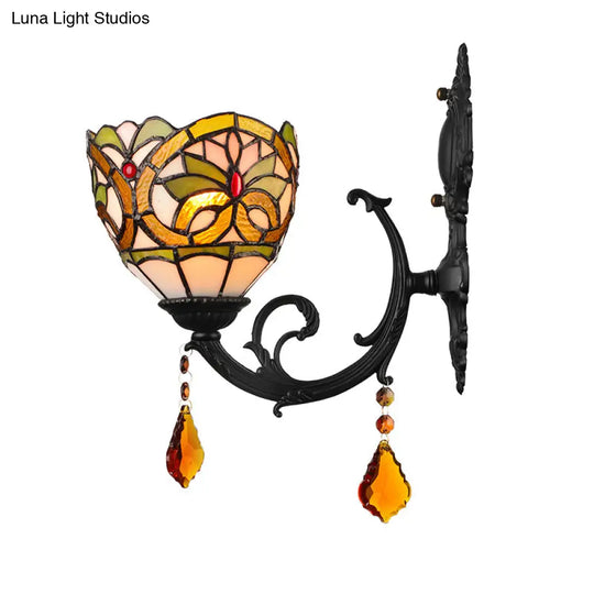 Lodge Stained Glass Wall Sconce Lighting Fixture With Crystal 1-Light