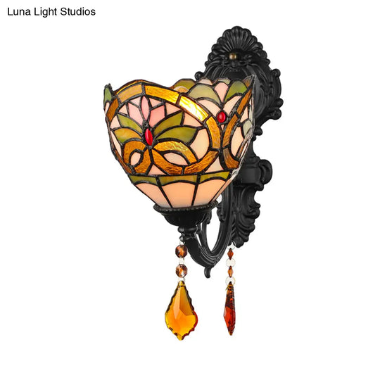 Lodge Stained Glass Wall Sconce Lighting Fixture With Crystal 1-Light