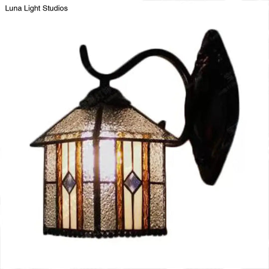 Lodge Stained Glass Wall Sconce With Curved Arm - Mini Mount Light