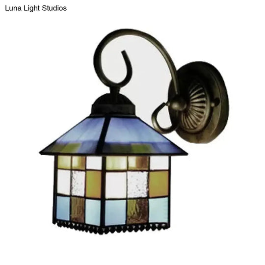 Lodge Stained Glass Wall Sconce With Curved Arm - Mini Mount Light