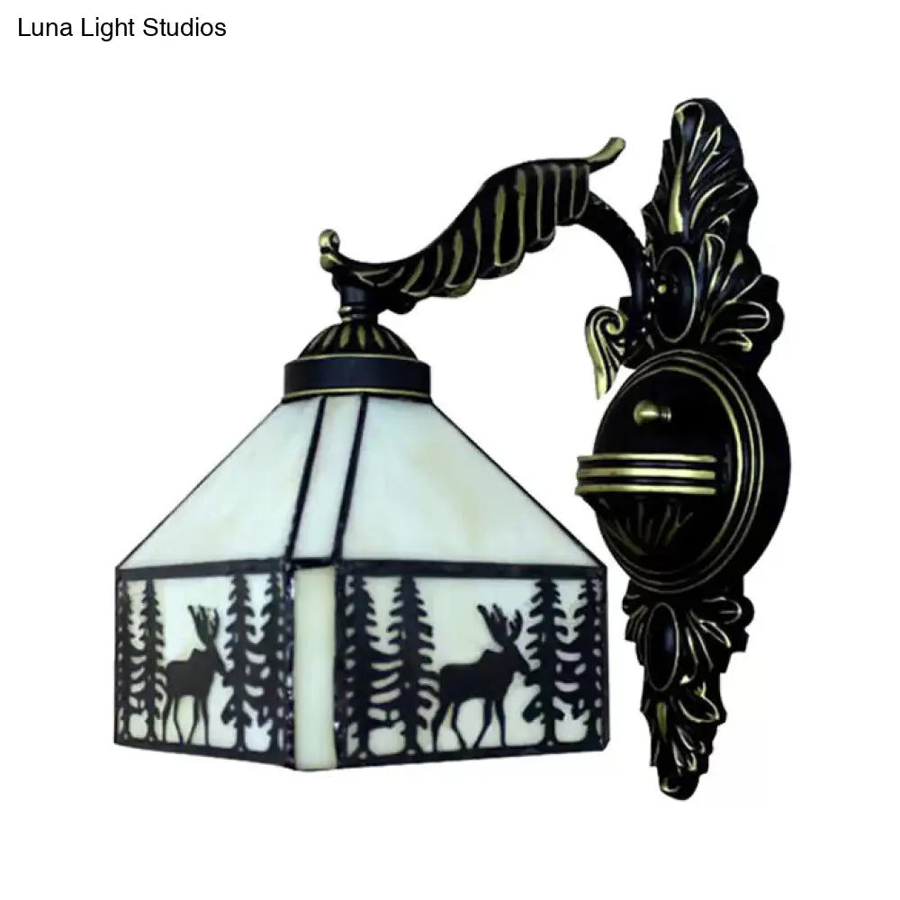 Lodge Stained Glass Wall Sconce With Curved Arm - Mini Mount Light