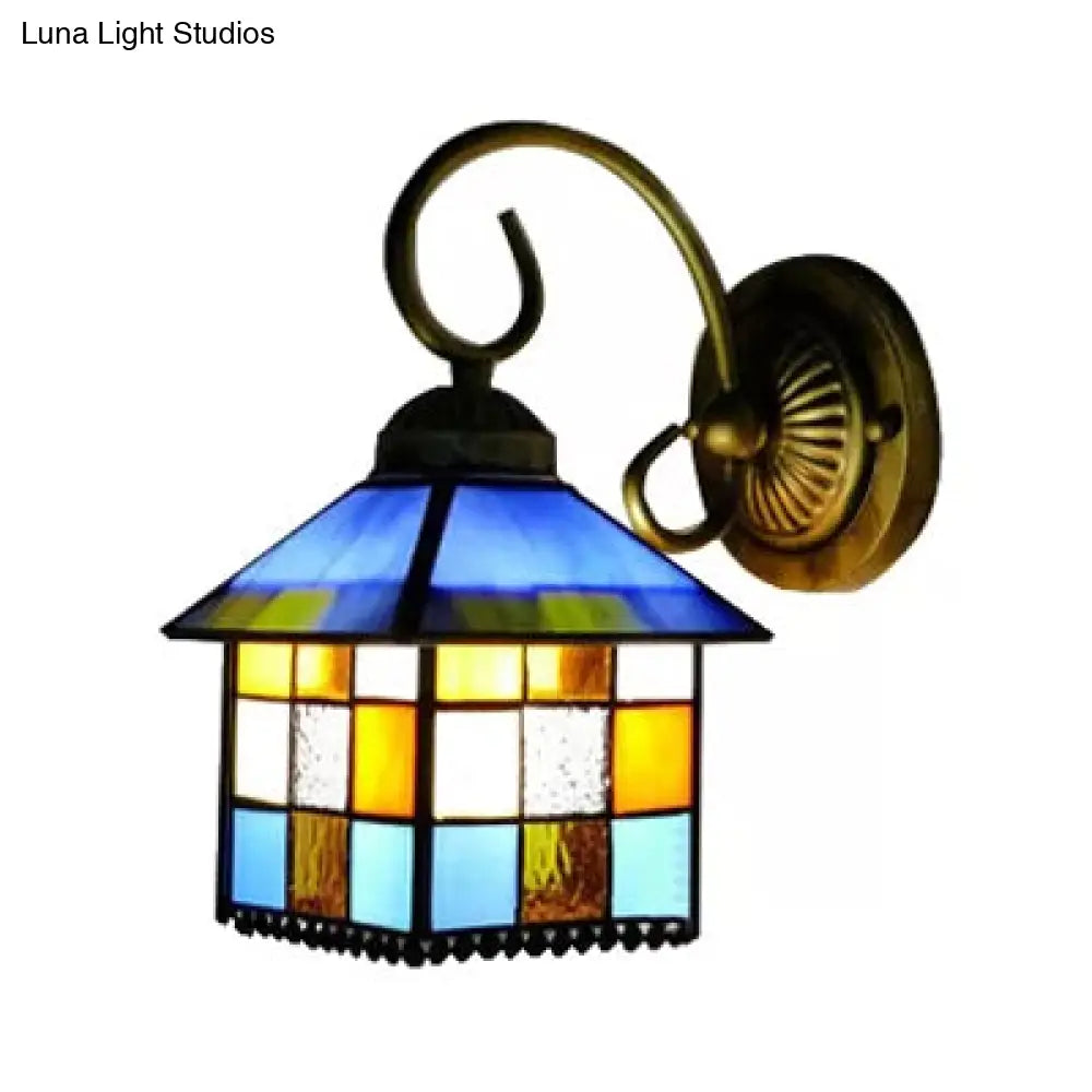 Lodge Stained Glass Wall Sconce With Curved Arm - Mini Mount Light