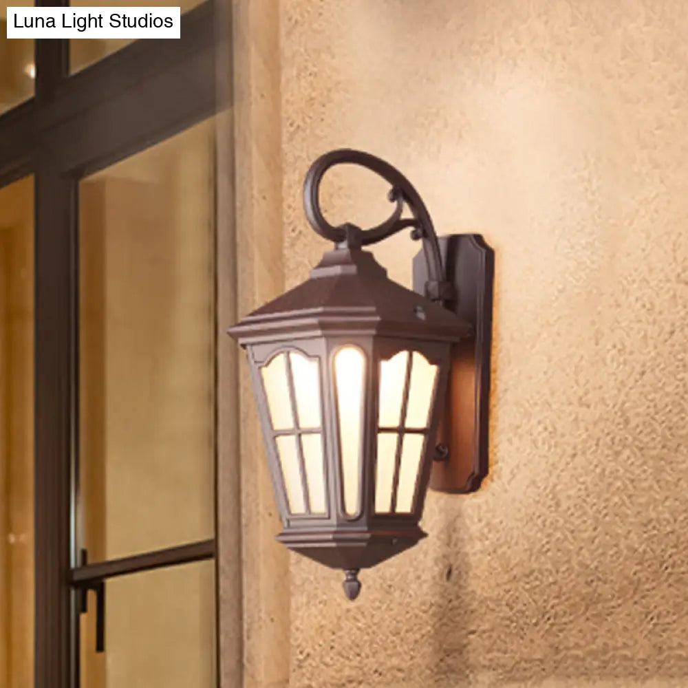 Lodge Style 1-Light Lantern Wall Sconce - White Glass Textured Black/Coffee Finish