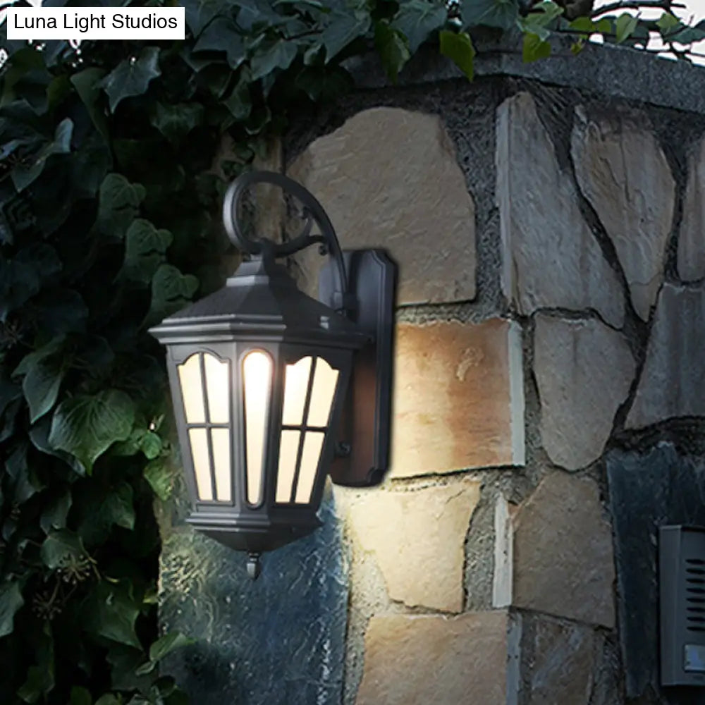 Lodge Style 1-Light Lantern Wall Sconce - White Glass Textured Black/Coffee Finish