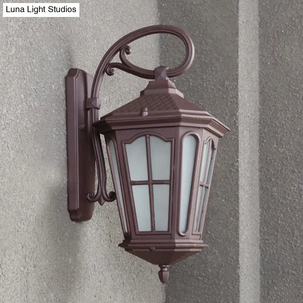 Lodge Style 1-Light Lantern Wall Sconce - White Glass Textured Black/Coffee Finish