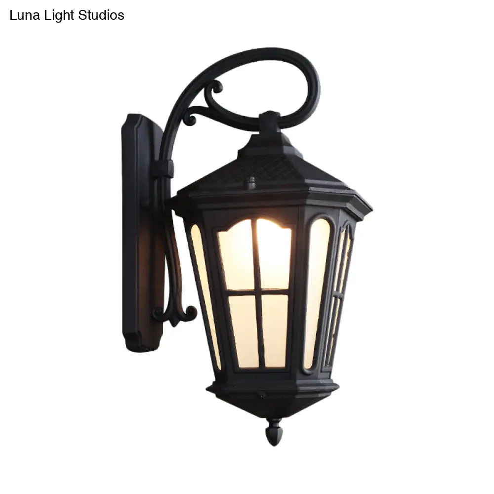 Lodge Style 1-Light Lantern Wall Sconce - White Glass Textured Black/Coffee Finish