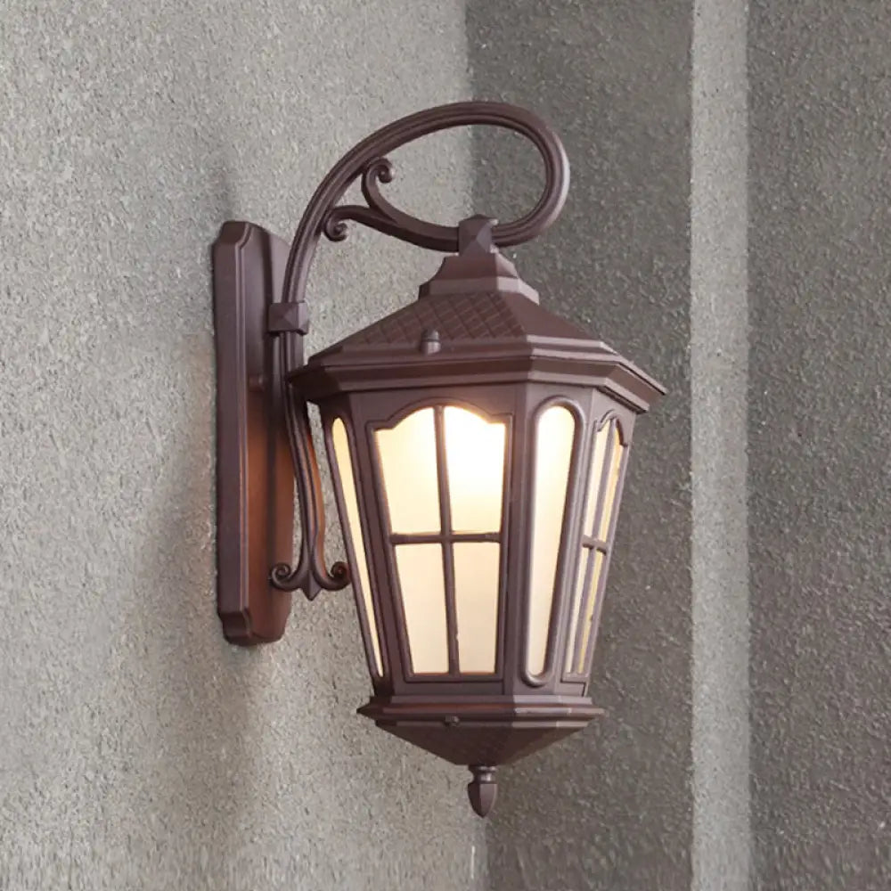 Lodge Style 1-Light Lantern Wall Sconce - White Glass Textured Black/Coffee Finish Coffee