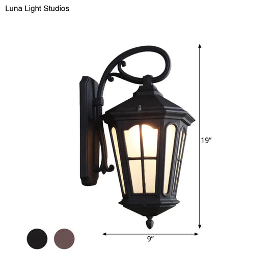 Lodge Style 1-Light Lantern Wall Sconce - White Glass Textured Black/Coffee Finish