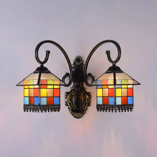 Lodge Style 2-Head Sconce Lamp: Stained Glass Wall Light In White/Antique Bronze Ideal For Dining