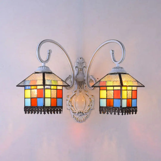 Lodge Style 2-Head Sconce Lamp: Stained Glass Wall Light In White/Antique Bronze Ideal For Dining