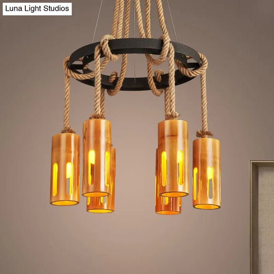 Lodge Style Bamboo Chandelier Pendant Lamp With Multi Lights And Hanging Rope - Stylish Lighting