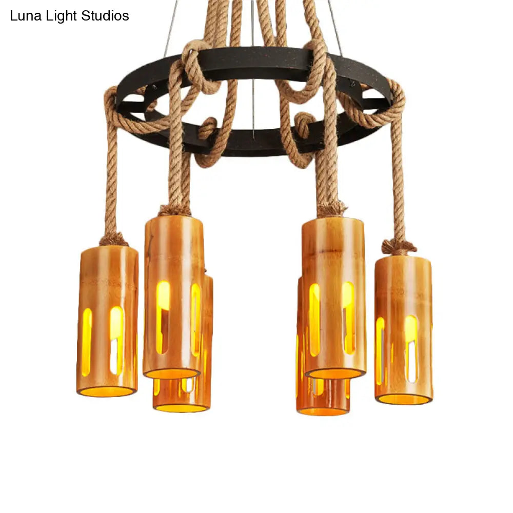 Lodge Style Bamboo Chandelier Pendant Lamp With Multi Lights And Hanging Rope - Stylish Lighting