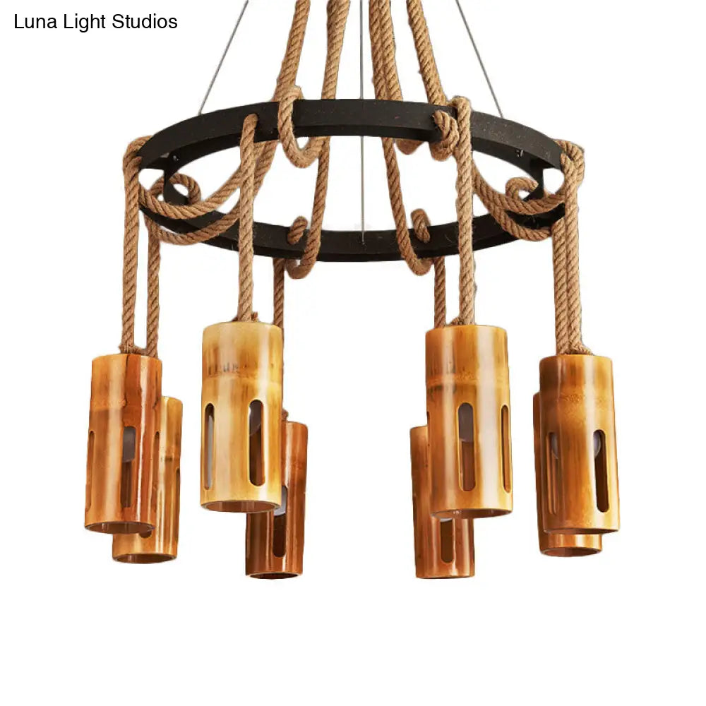 Lodge Style Bamboo Chandelier Pendant Lamp With Multi Lights And Hanging Rope - Stylish Lighting