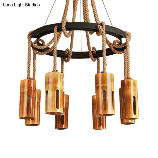 Lodge Style Bamboo Chandelier Pendant Lamp With Multi Lights And Hanging Rope - Stylish Lighting