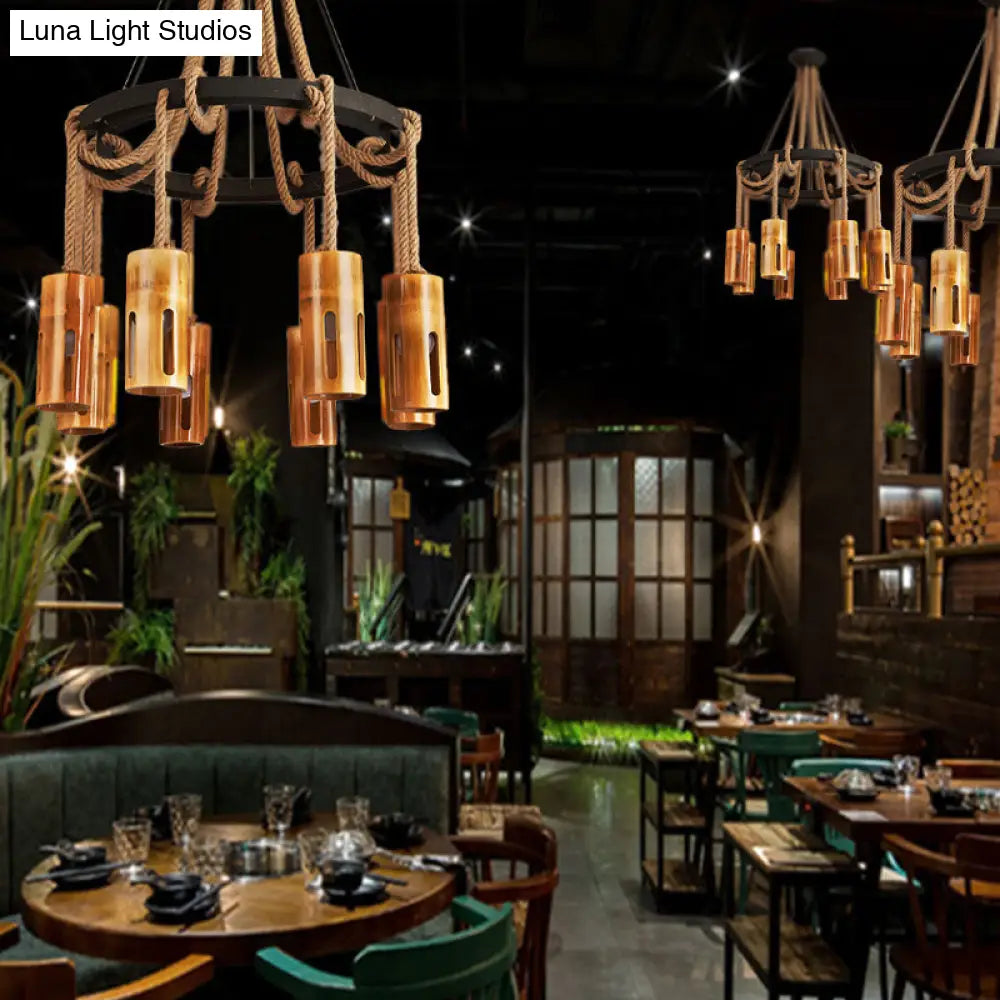 Lodge Style Bamboo Chandelier Pendant Lamp With Multi Lights And Hanging Rope - Stylish Lighting