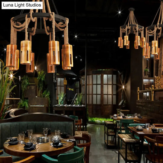 Lodge Style Bamboo Chandelier Pendant Lamp With Multi Lights And Hanging Rope - Stylish Lighting