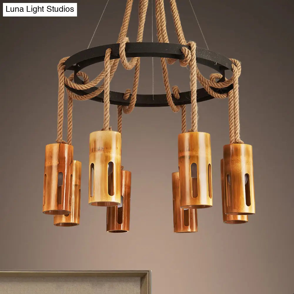 Lodge Style Bamboo Chandelier Pendant Lamp With Multi Lights And Hanging Rope