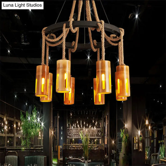 Lodge Style Bamboo Chandelier Pendant Lamp With Multi Lights And Hanging Rope - Stylish Lighting