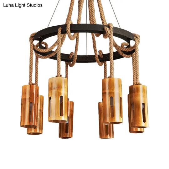 Lodge Style Bamboo Chandelier Pendant Lamp With Multi Lights And Hanging Rope