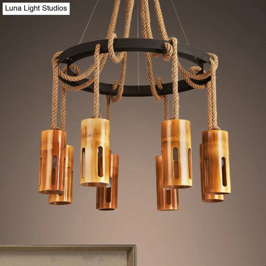 Lodge Style Bamboo Chandelier Pendant Lamp With Multi Lights And Hanging Rope - Stylish Lighting