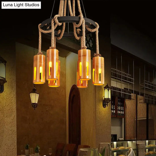 Lodge Style Bamboo Chandelier Pendant Lamp With Multi Lights And Hanging Rope - Stylish Lighting