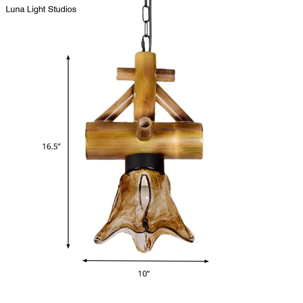 Lodge Style Bamboo Scalloped Pendant Lamp With Amber Glass Shade