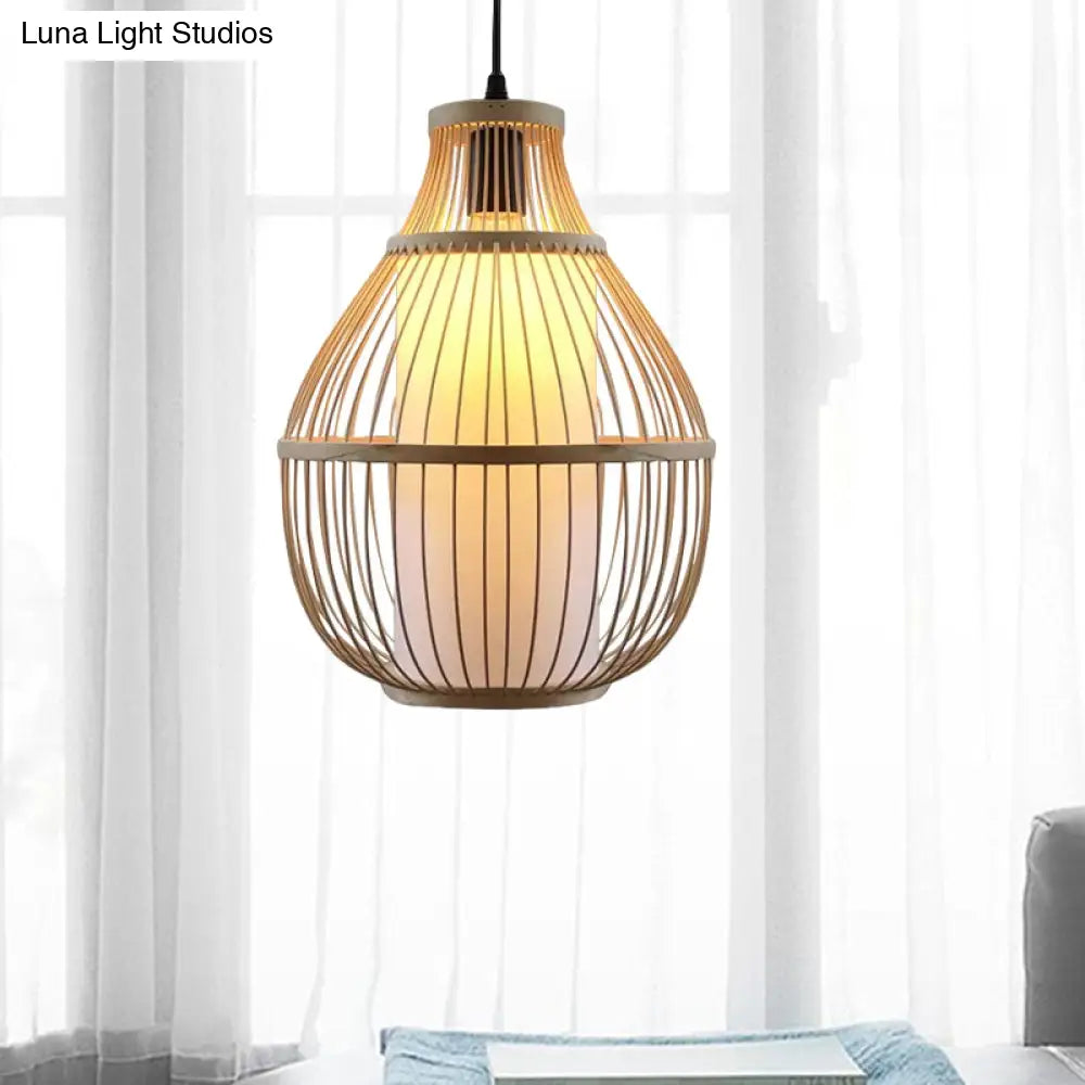 Lodge Style Bamboo Teardrop Hanging Lamp With Beige Paper Shade