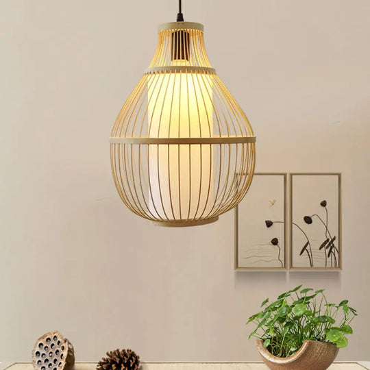 Lodge Style Bamboo Teardrop Hanging Lamp With Beige Paper Shade