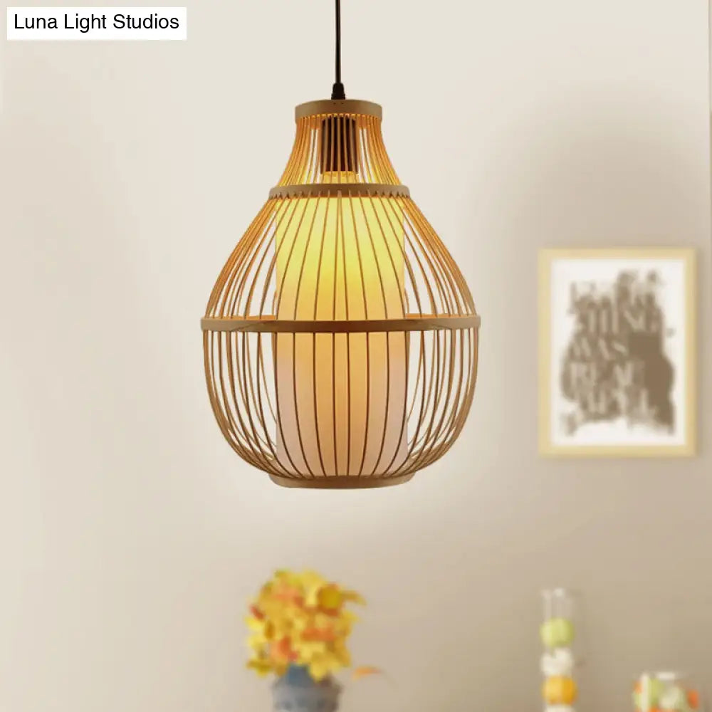 Lodge Style Bamboo Teardrop Hanging Lamp With Beige Paper Shade