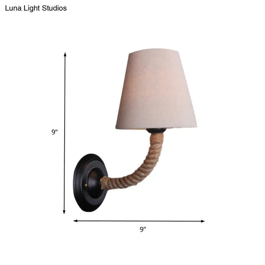 Lodge Style Beige Fabric Wall Sconce With Curved/Angle Arm For Restaurants - 1 Light