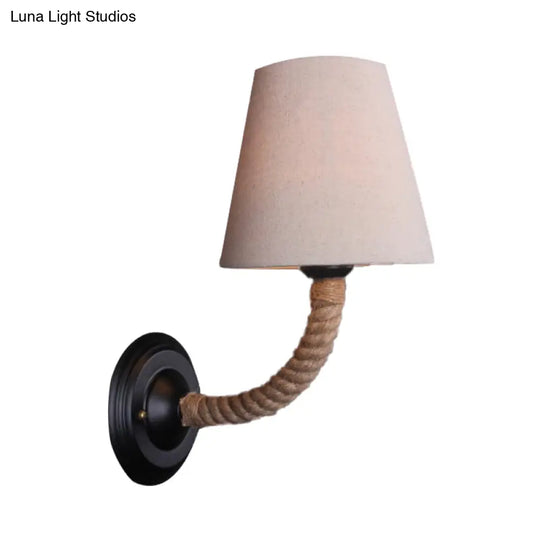 Lodge Style Beige Fabric Wall Sconce With Curved/Angle Arm For Restaurants - 1 Light