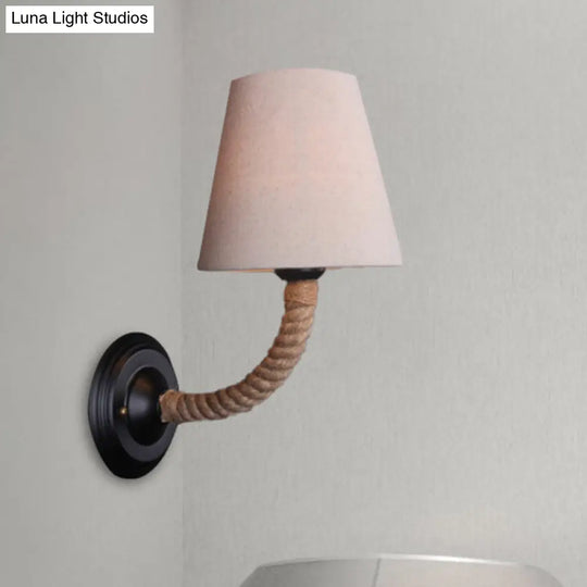 Lodge Style Beige Fabric Wall Sconce With Curved/Angle Arm For Restaurants - 1 Light