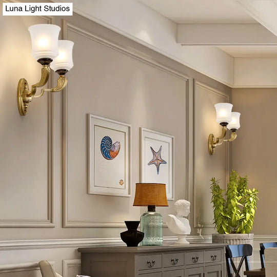 Lodge Style Bell Wall Sconce: 1/2-Light Opal Glass Fixture In Brass For Living Room