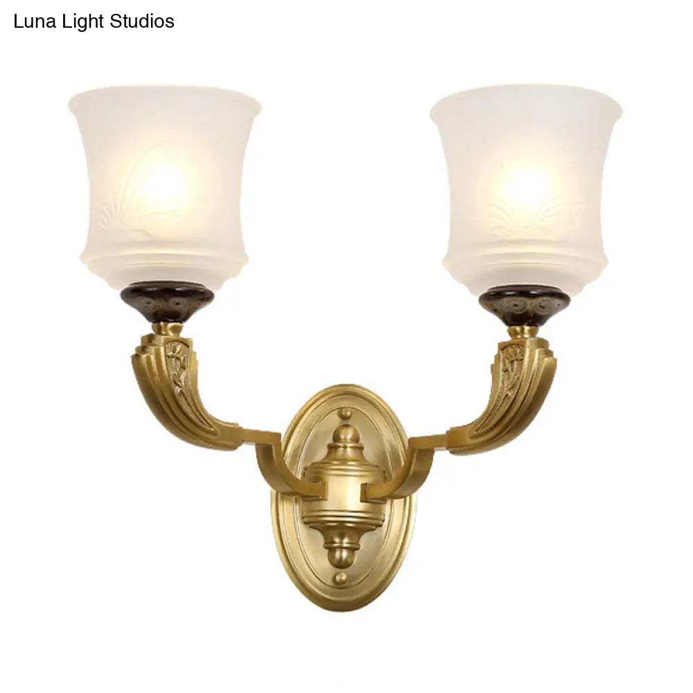 Lodge Style Bell Wall Sconce: 1/2-Light Opal Glass Fixture In Brass For Living Room