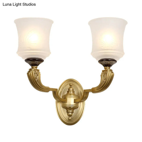 Lodge Style Bell Wall Sconce: 1/2-Light Opal Glass Fixture In Brass For Living Room