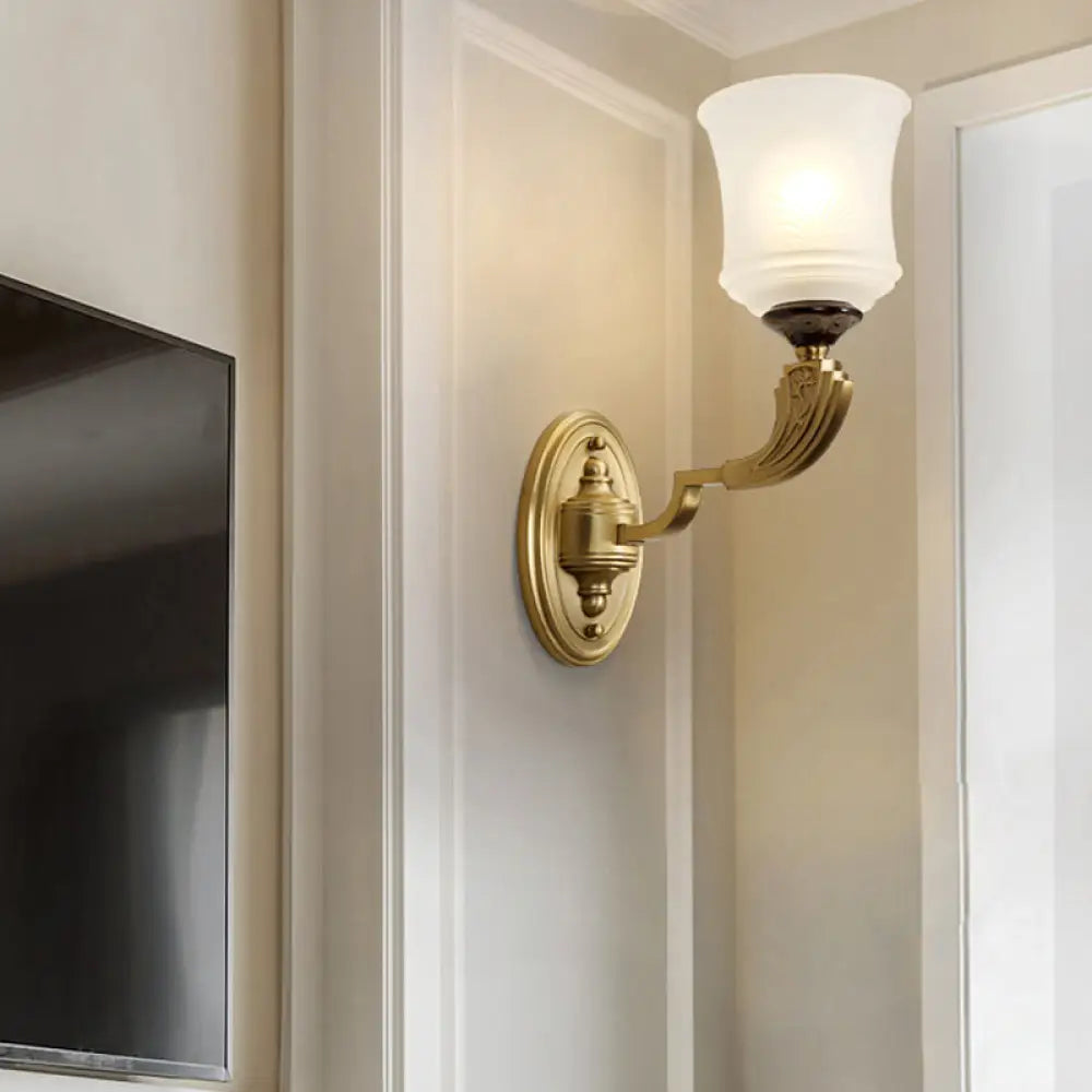 Lodge Style Bell Wall Sconce: 1/2-Light Opal Glass Fixture In Brass For Living Room 1 /